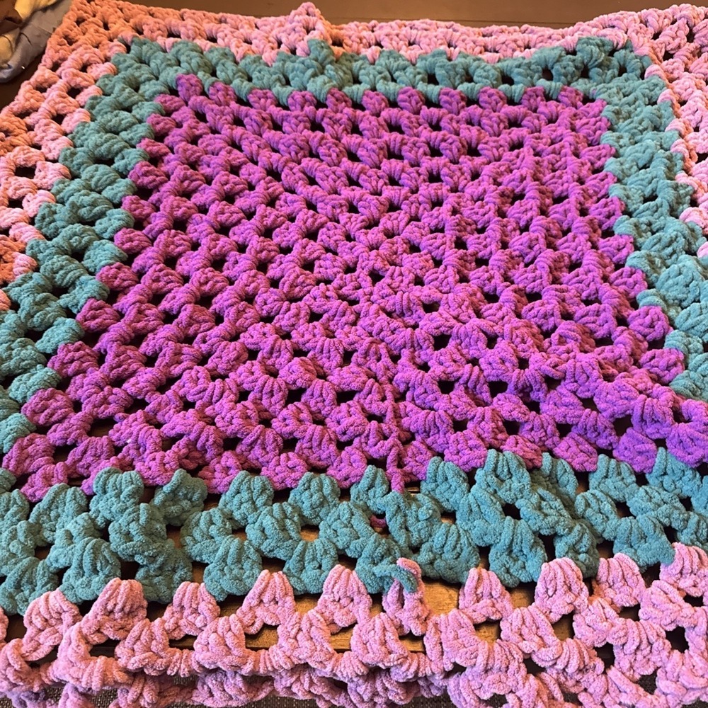 Handmade Crochet Granny Square Blanket Purple Teal Lavender Chenille Throw